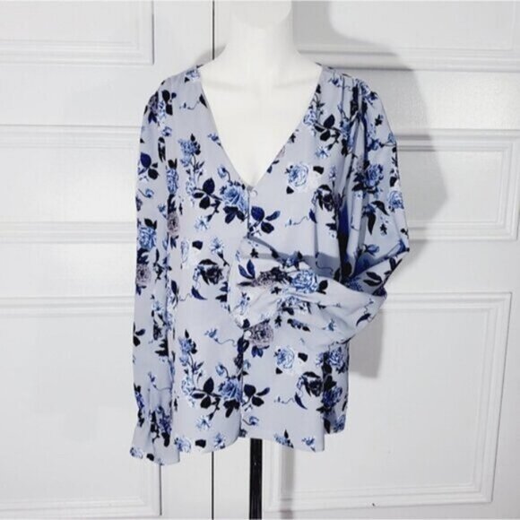 Contemporaine Par Simons- Button Down Boho Chic Loose Floral Poer Sleeved Blouse - Picture 2 of 13